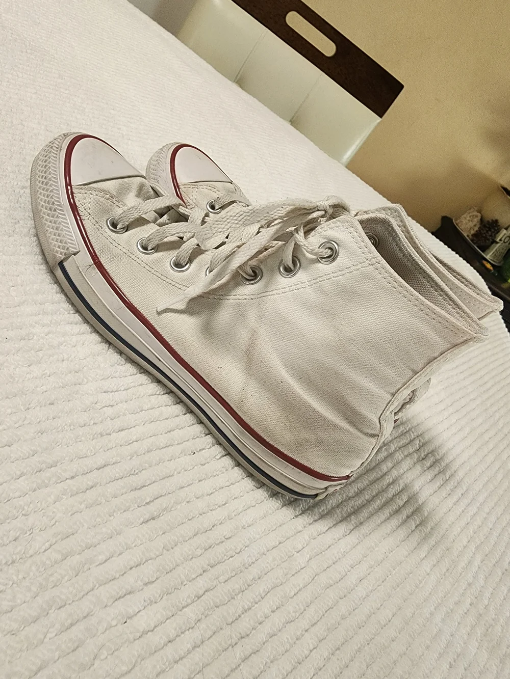 Converse White High Top Sneakers with Red & Navy Stripe - Picture 7 of 9